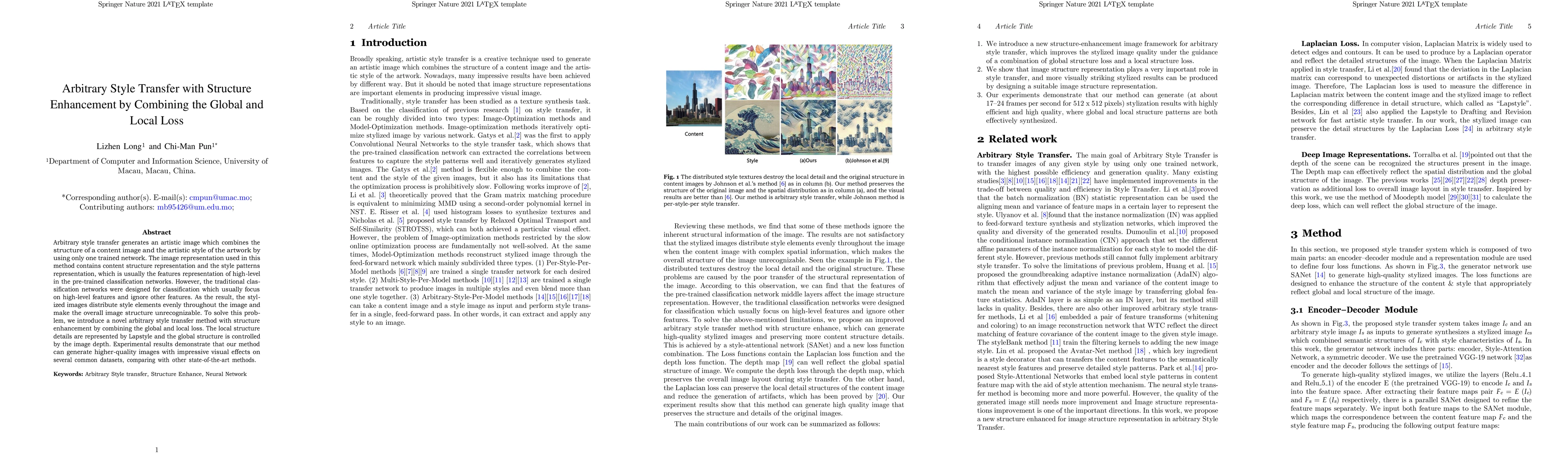 Thumbnail for Arbitrary Style Transfer with Structure Enhancement by Combining the
  Global and Local Loss