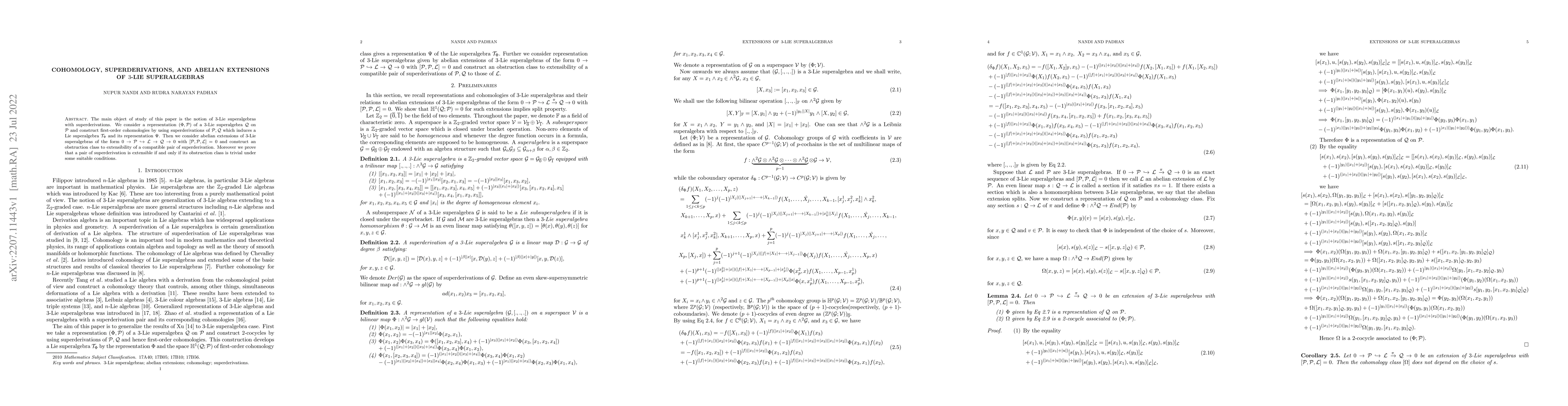 Thumbnail for Cohomology, superderivations, and abelian extensions of $3$-Lie
  superalgebras