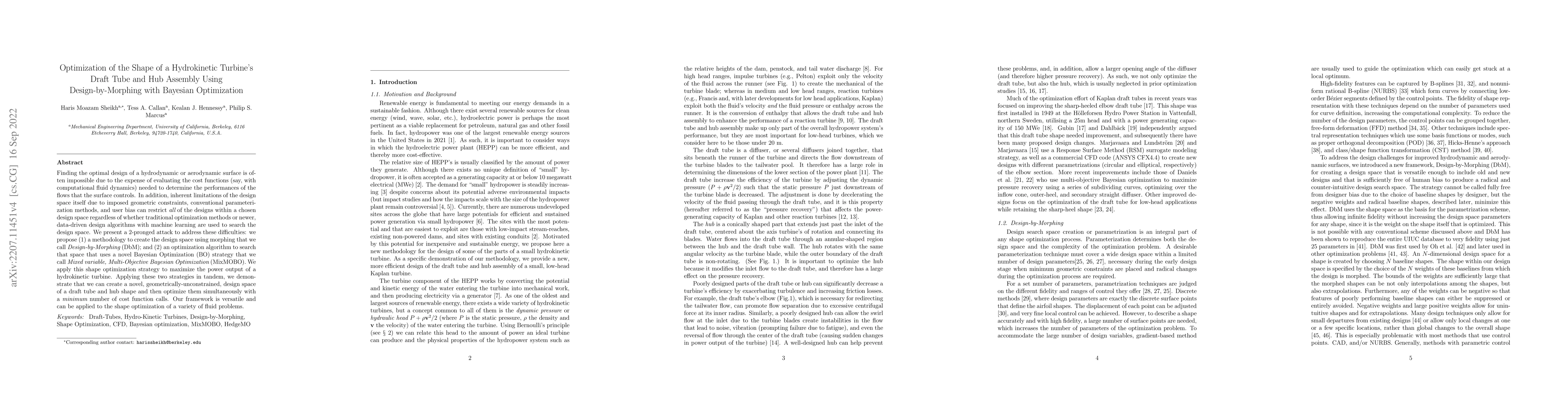 Thumbnail for Optimization of the Shape of a Hydrokinetic Turbine's Draft Tube and Hub
  Assembly Using Design-by-Morphing with Bayesian Optimization