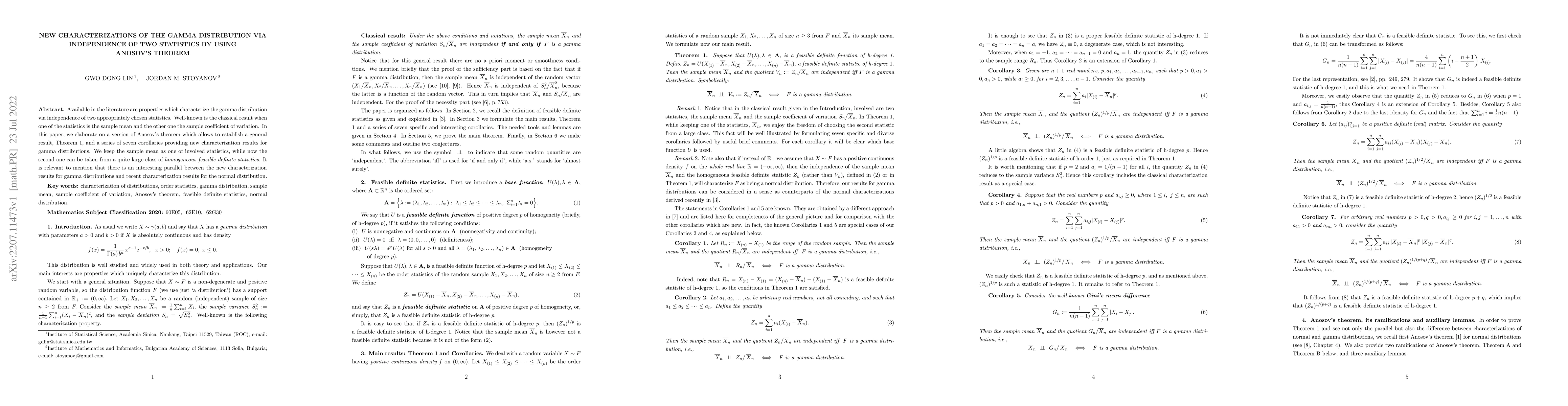 Thumbnail for New Characterizations of the Gamma Distribution via Independence of Two
  Statistics by Using Anosov's Theorem