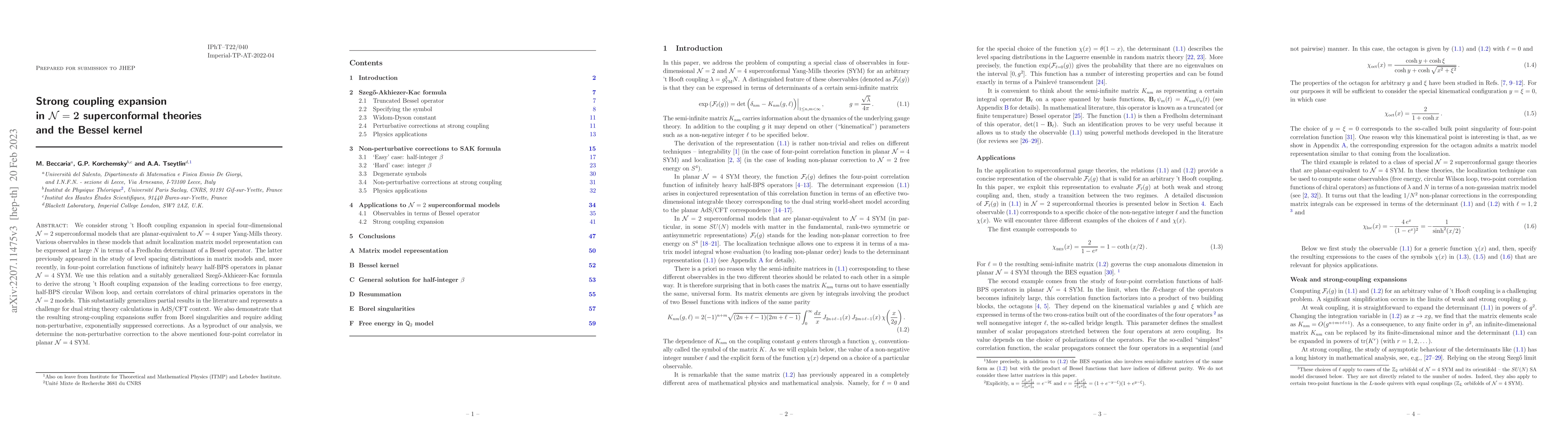 Thumbnail for Strong coupling expansion in $\mathbf{\mathcal N=2}$ superconformal
  theories and the Bessel kernel