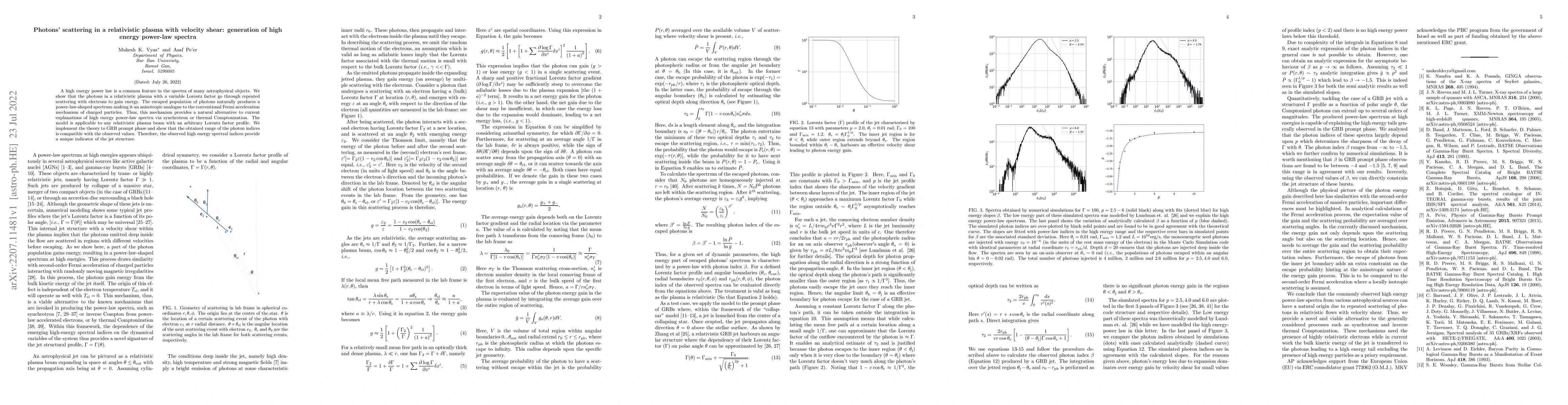 Thumbnail for Photons' scattering in a relativistic plasma with velocity shear:
  generation of high energy power-law spectra