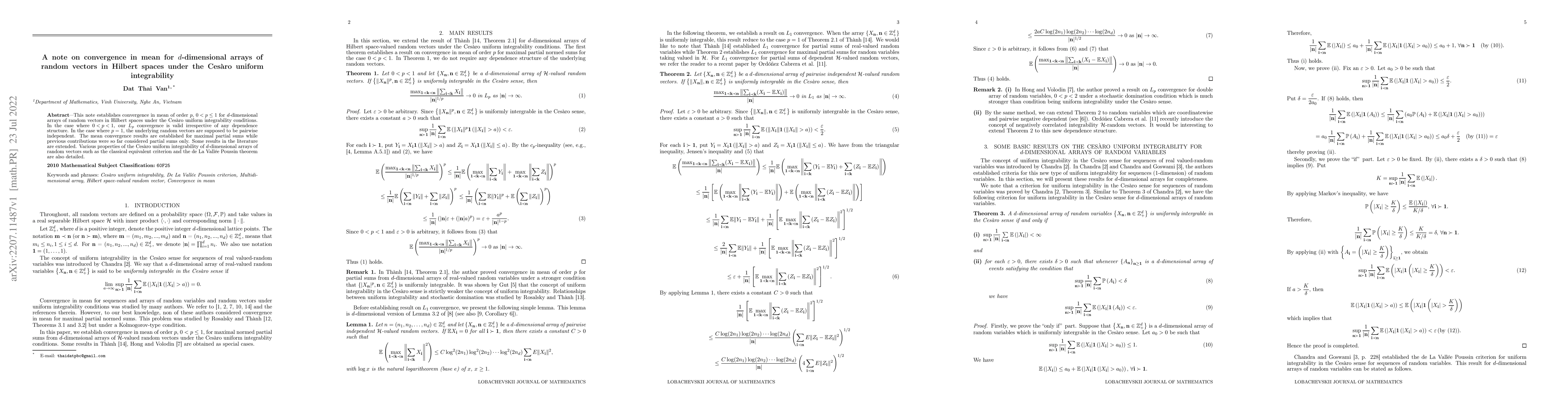 Thumbnail for A note on convergence in mean for $d$-dimensional arrays of random
  vectors in Hilbert spaces under the Ces\`{a}ro uniform integrability