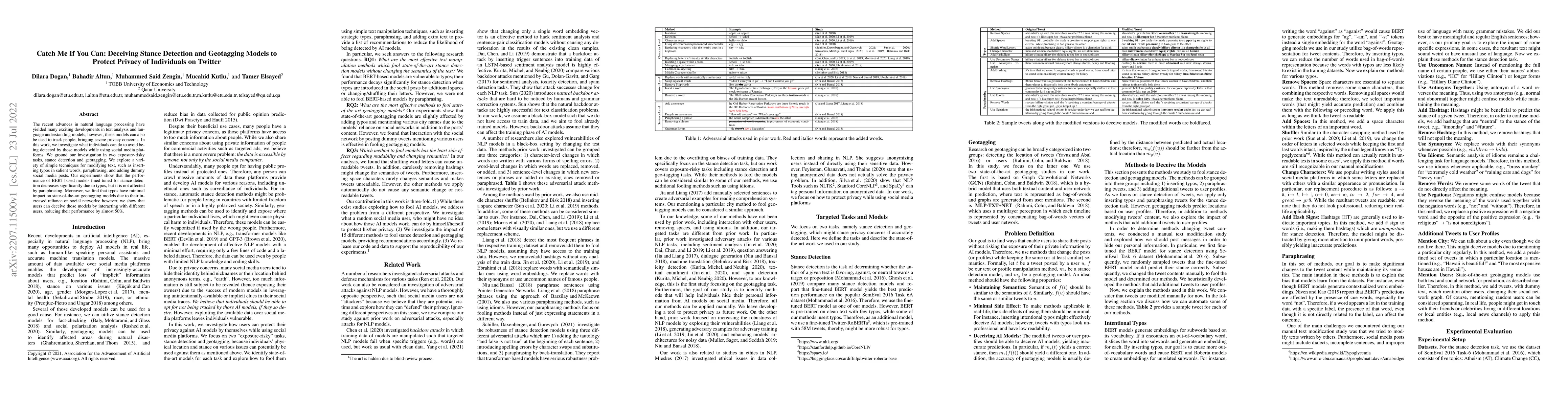 Thumbnail for Catch Me If You Can: Deceiving Stance Detection and Geotagging Models to
  Protect Privacy of Individuals on Twitter