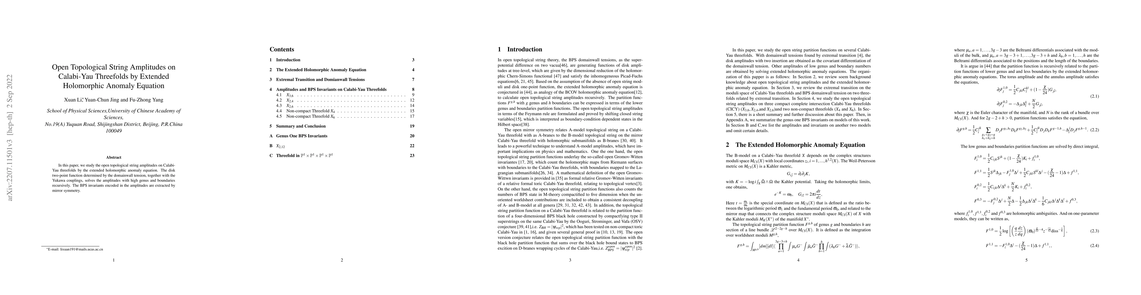 Thumbnail for Open Topological String Amplitudes on Calabi-Yau Threefolds by Extended
  Holomorphic Anomaly Equation
