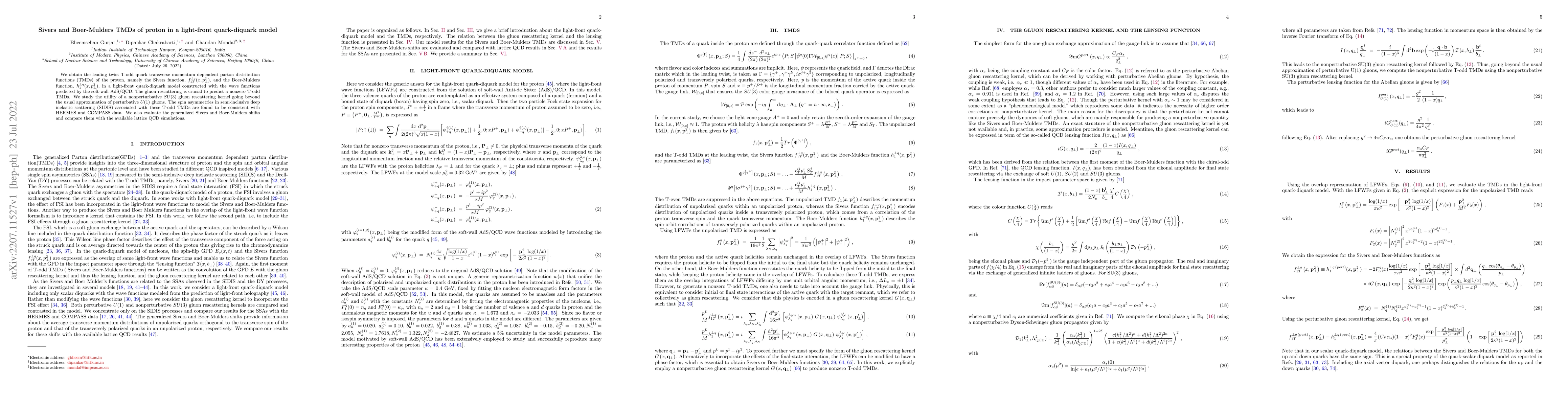 Thumbnail for Sivers and Boer-Mulders TMDs of proton in a light-front quark-diquark
  model