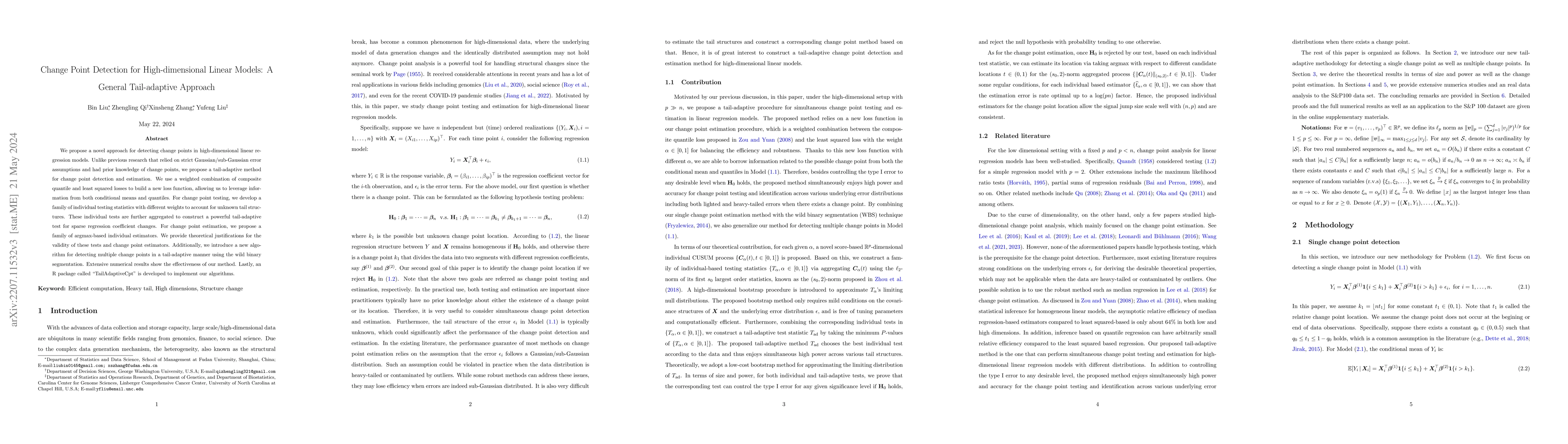 Thumbnail for Change Point Detection for High-dimensional Linear Models: A General
  Tail-adaptive Approach
