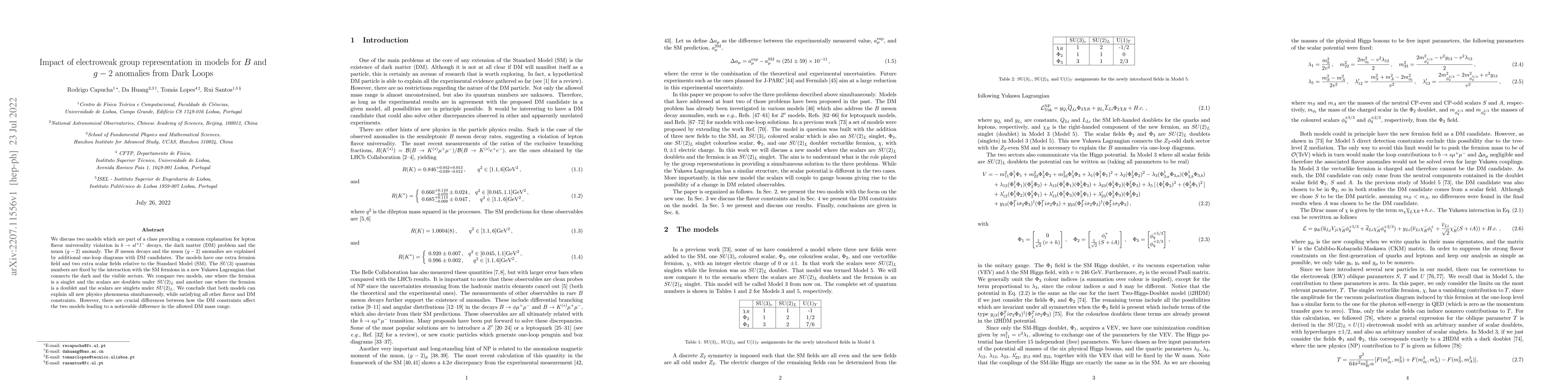 Thumbnail for Impact of electroweak group representation in models for $B$ and $g-2$
  anomalies from Dark Loops