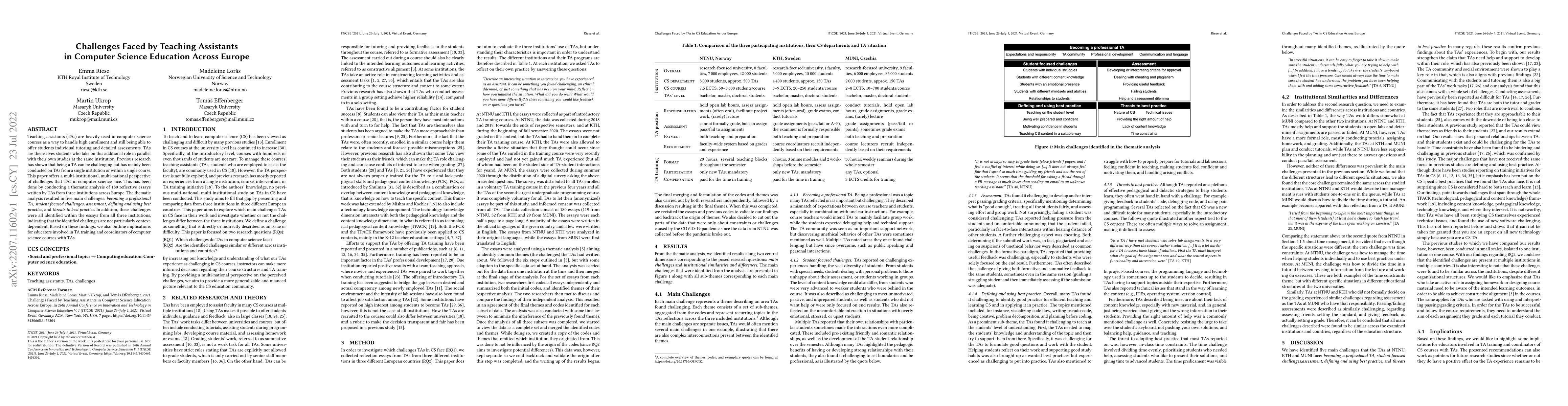 Thumbnail for Challenges Faced by Teaching Assistants in Computer Science Education
  Across Europe