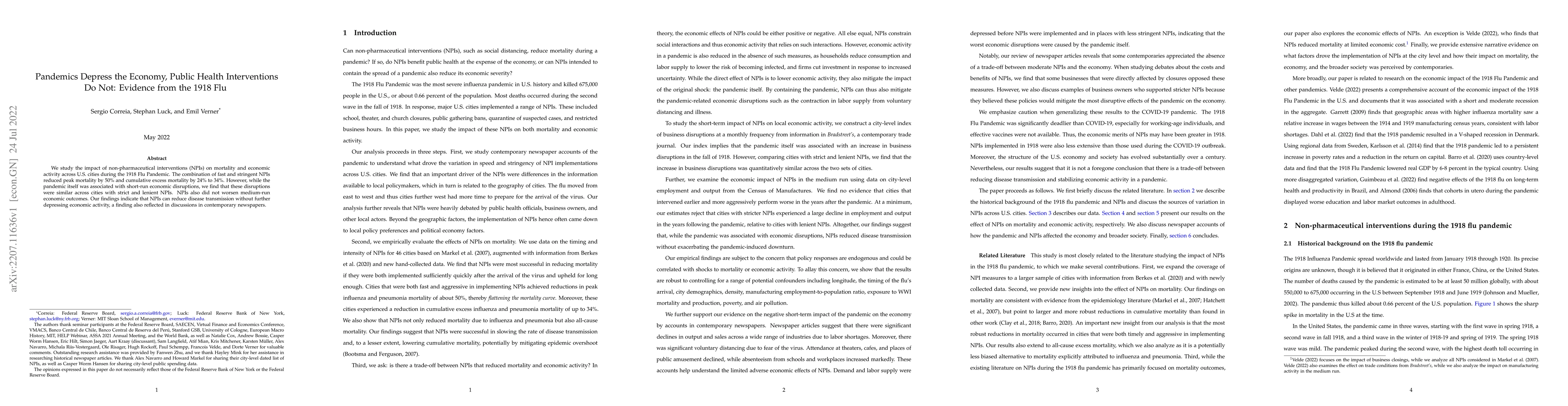 Thumbnail for Pandemics Depress the Economy, Public Health Interventions Do Not:
  Evidence from the 1918 Flu