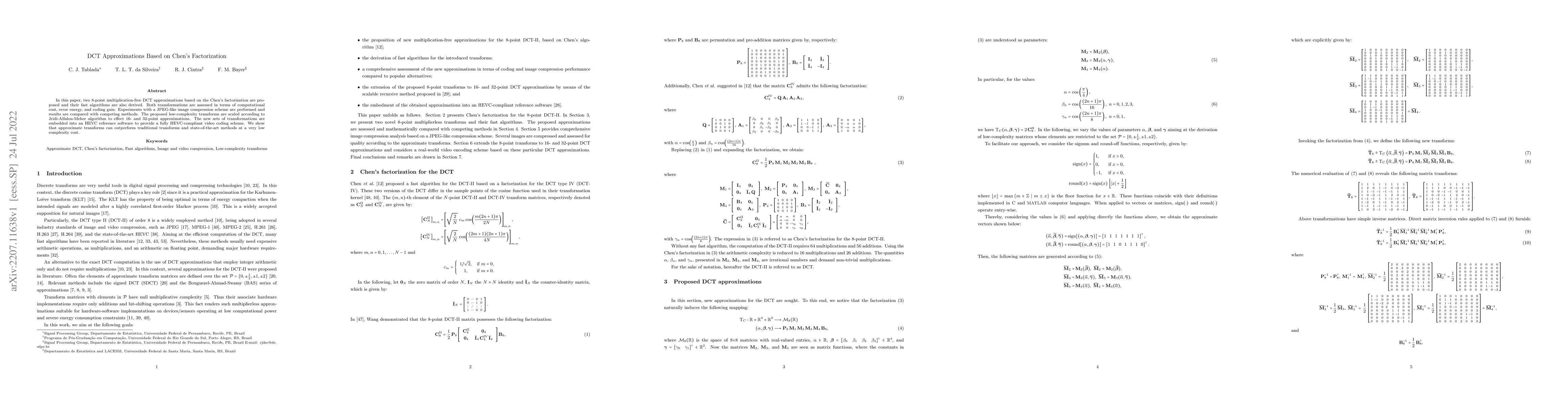 Thumbnail for DCT Approximations Based on Chen's Factorization