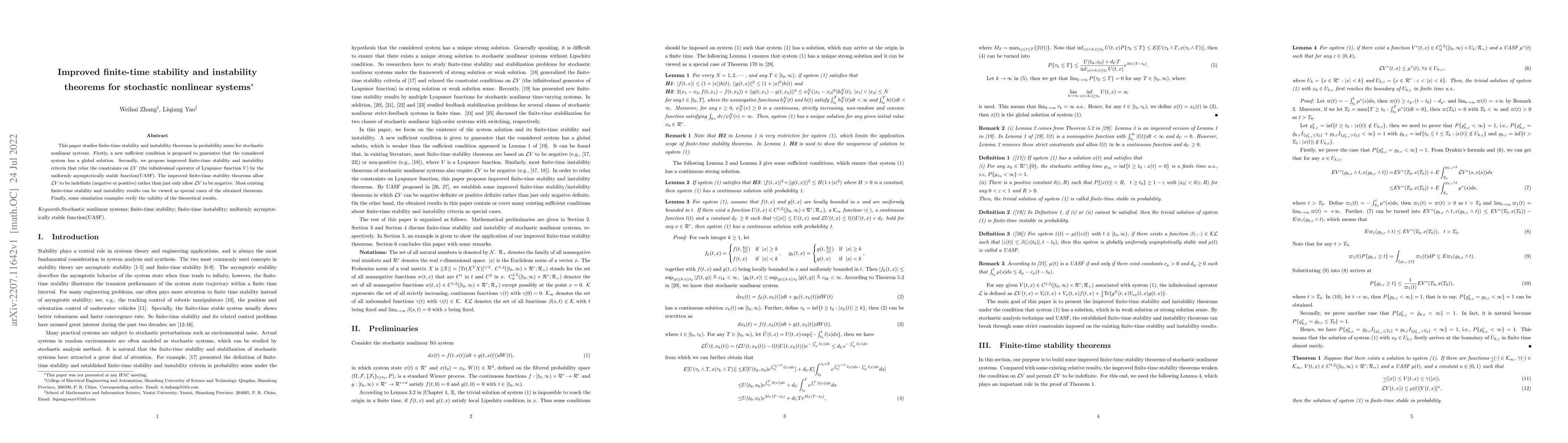 Thumbnail for Improved finite-time stability and instability theorems for stochastic
  nonlinear systems