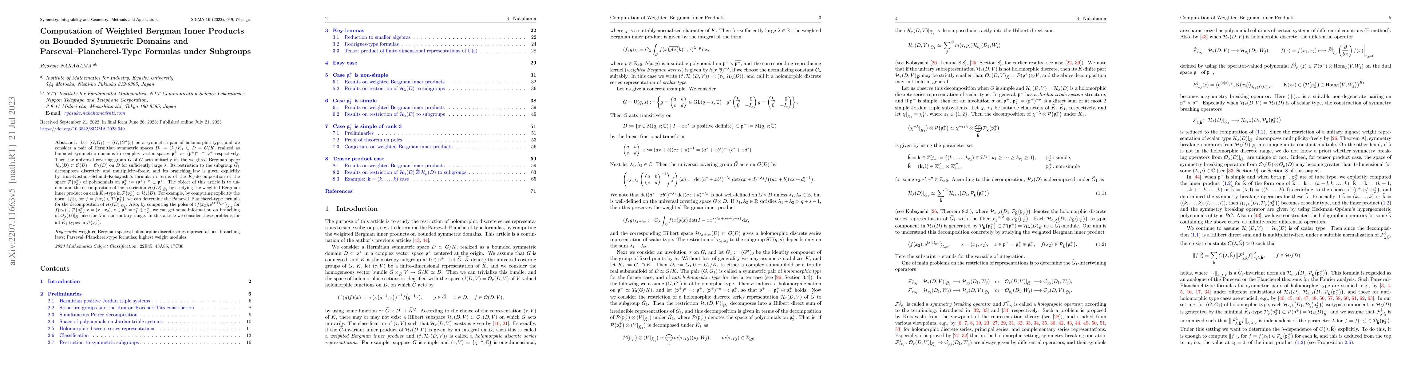 Thumbnail for Computation of Weighted Bergman Inner Products on Bounded Symmetric
  Domains and Parseval-Plancherel-Type Formulas under Subgroups