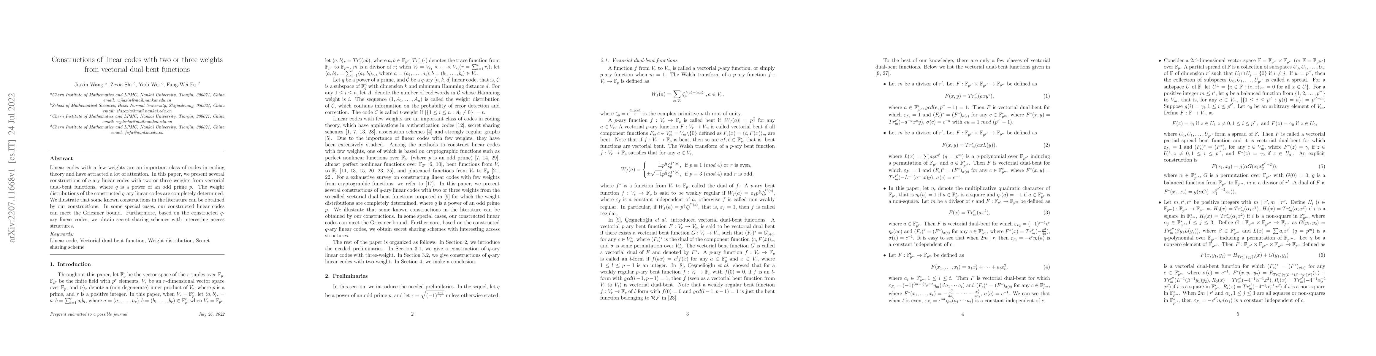 Thumbnail for Constructions of linear codes with two or three weights from vectorial
  dual-bent functions