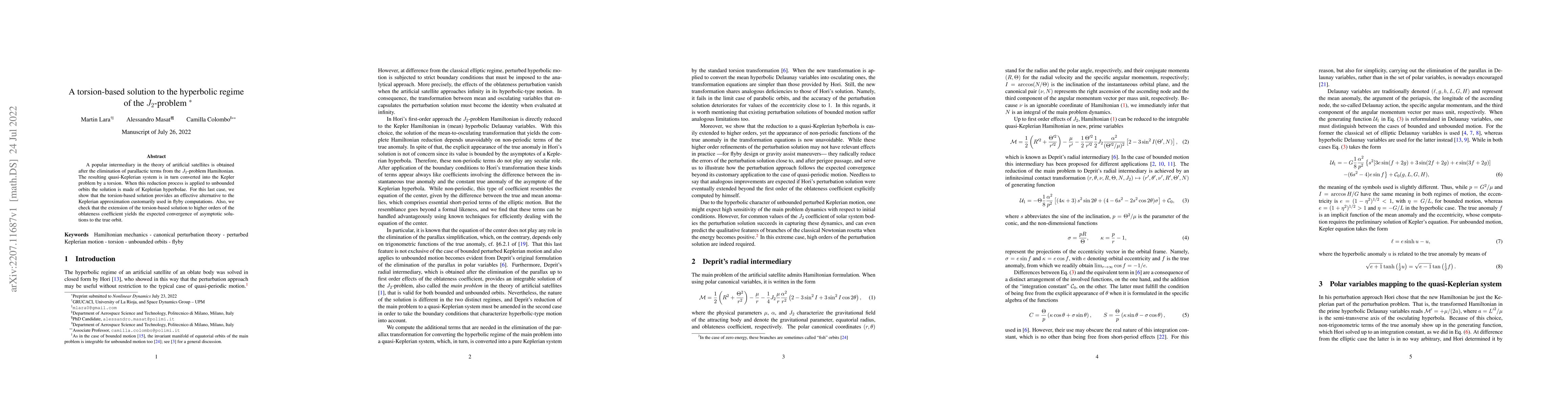Thumbnail for A torsion-based solution to the hyperbolic regime of the J2-problem