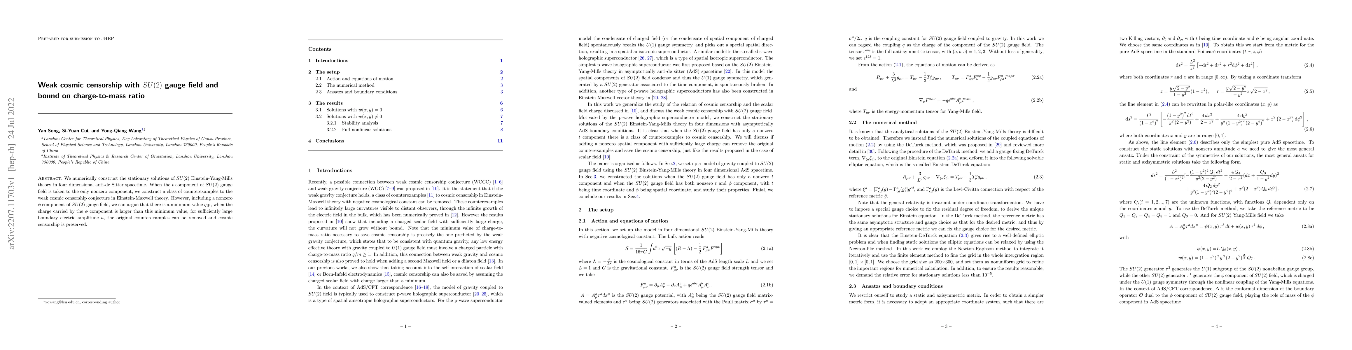 Thumbnail for Weak cosmic censorship with $SU(2)$ gauge field and bound on
  charge-to-mass ratio
