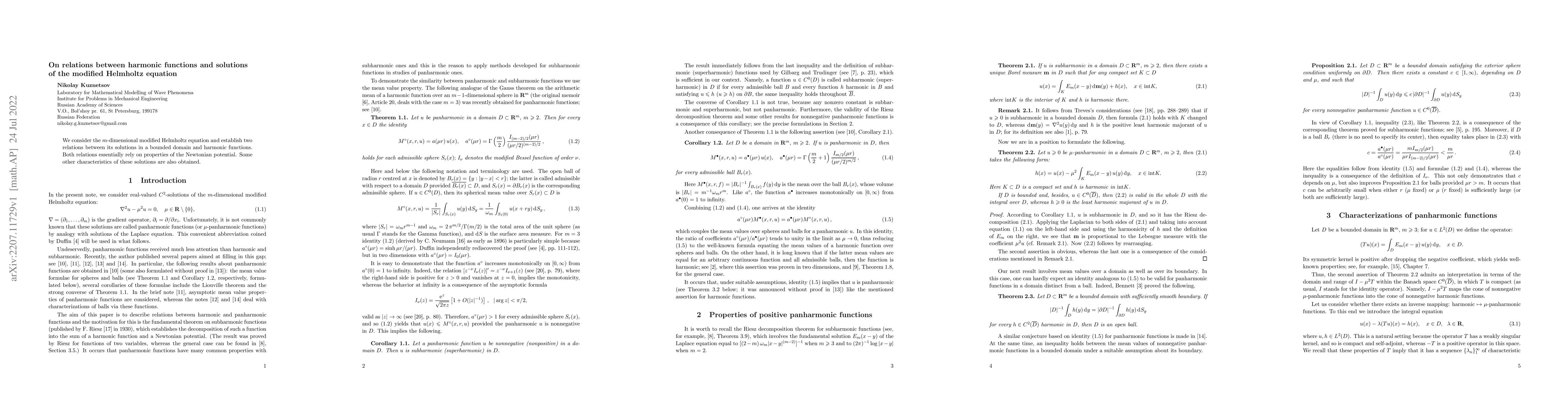 Thumbnail for On relations between harmonic functions and solutions of the modified
  Helmholtz equation