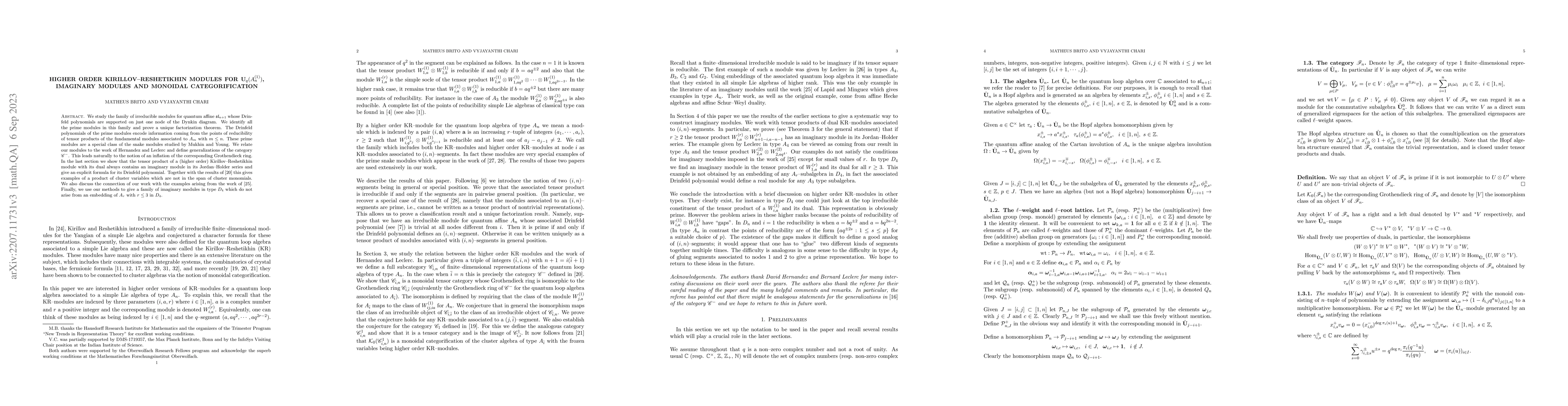 Thumbnail for Higher order Kirillov-Reshetikhin modules, Imaginary modules and
  Monoidal Categorification for $U_q(A_n^{(1)})$