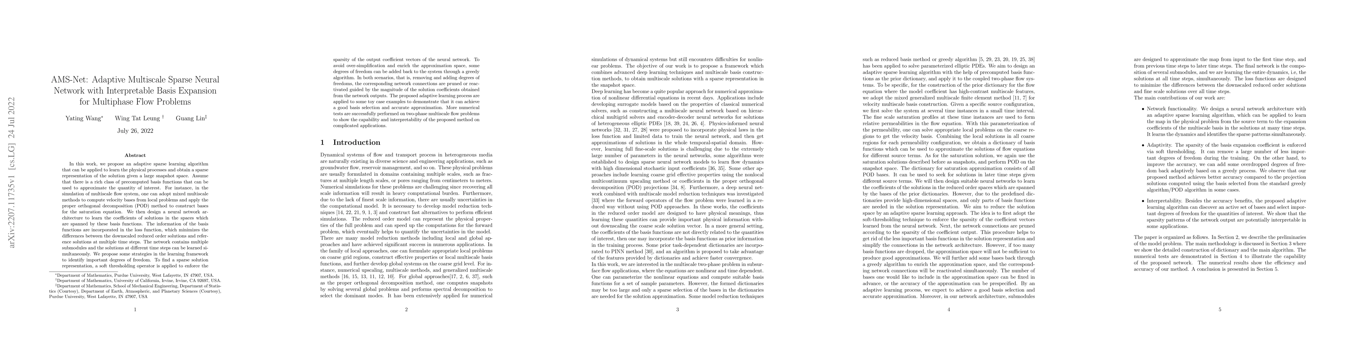Thumbnail for AMS-Net: Adaptive Multiscale Sparse Neural Network with Interpretable
  Basis Expansion for Multiphase Flow Problems
