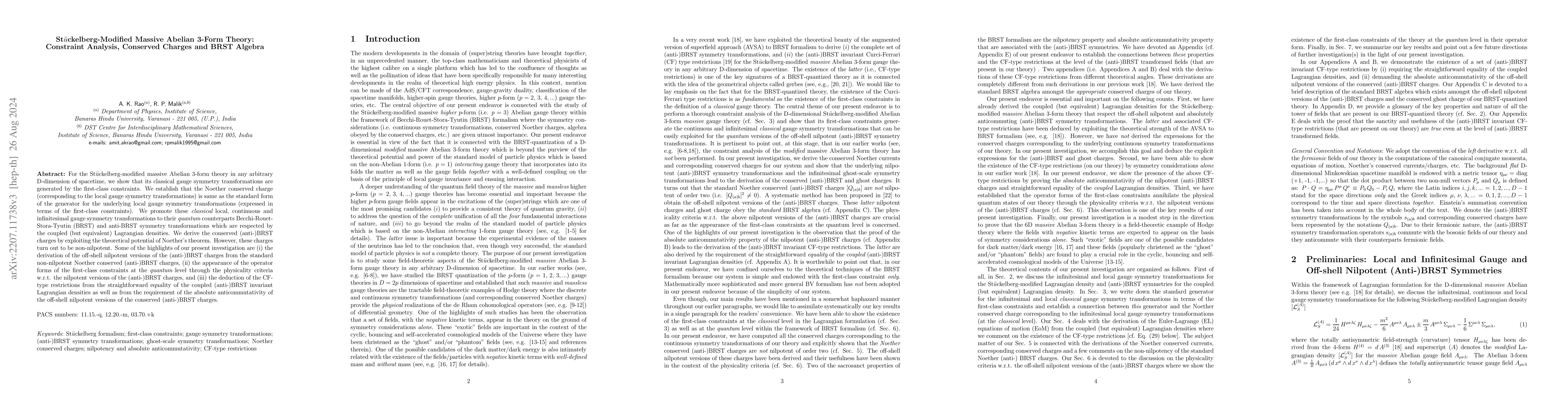 Thumbnail for St$\ddot u$ckelberg-Modified Massive Abelian 3-Form Theory: Constraint
  Analysis, Conserved Charges and BRST Algebra