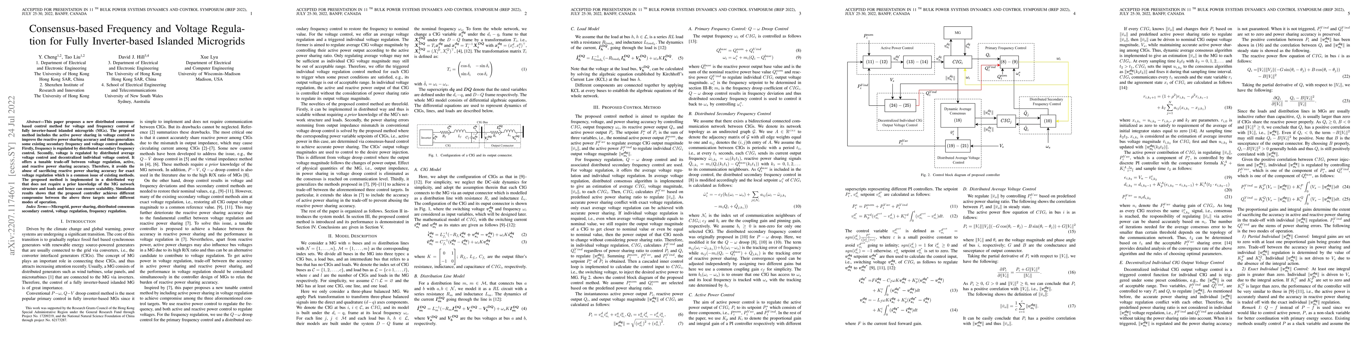 Thumbnail for Consensus-based Frequency and Voltage Regulation for Fully
  Inverter-based Islanded Microgrids