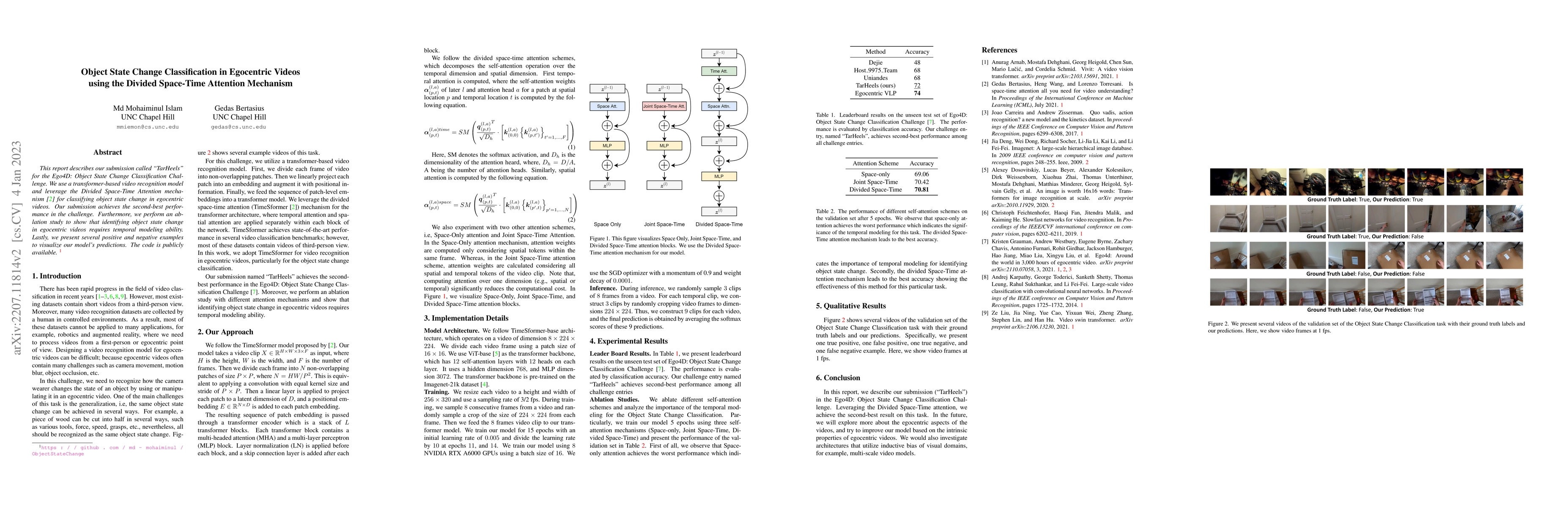 Thumbnail for Object State Change Classification in Egocentric Videos using the
  Divided Space-Time Attention Mechanism