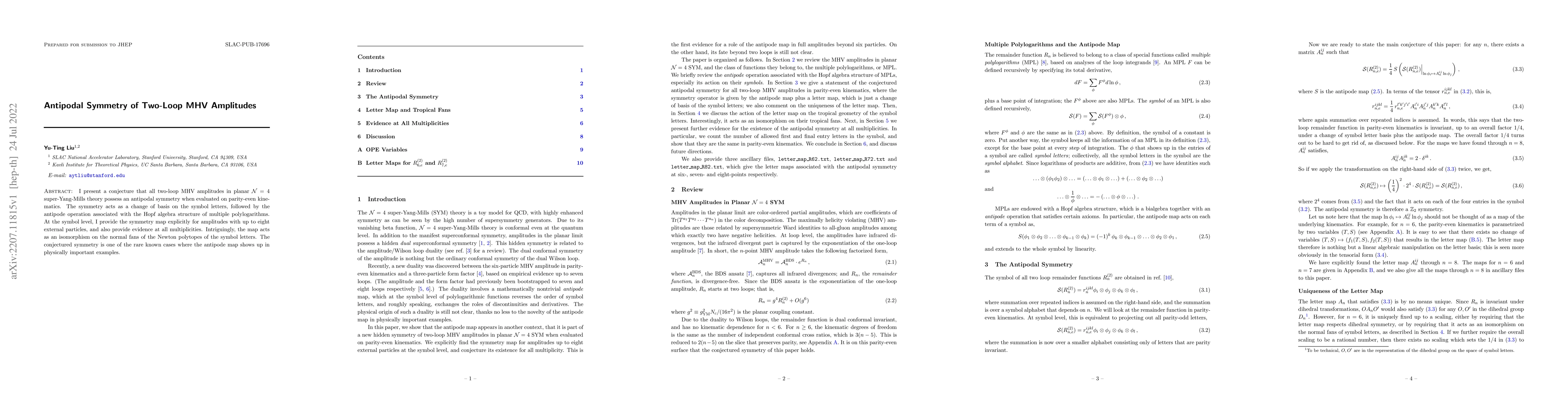 Thumbnail for Antipodal Symmetry of Two-Loop MHV Amplitudes