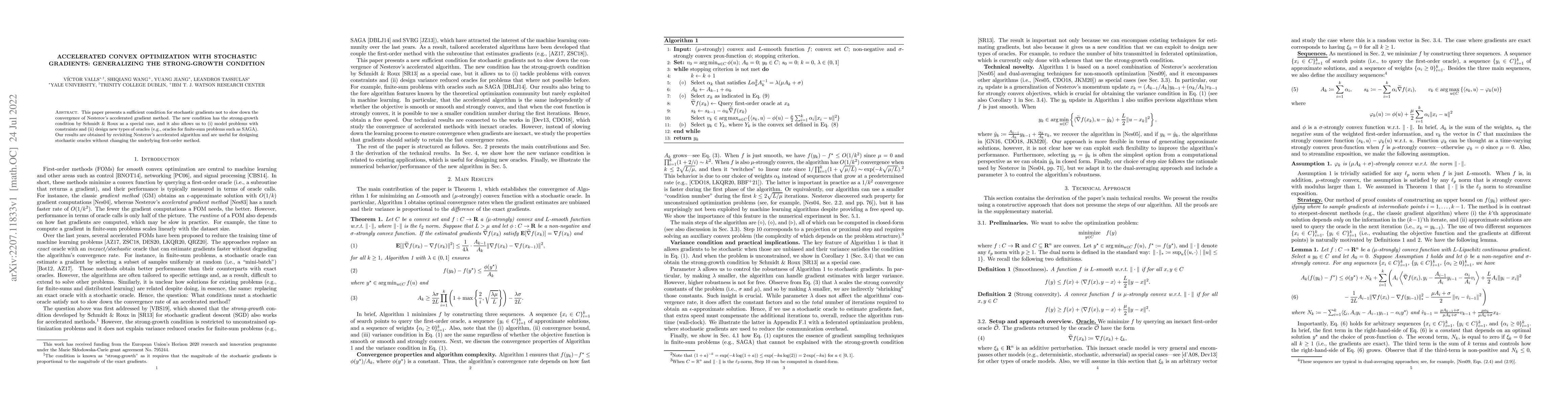 Thumbnail for Accelerated Convex Optimization with Stochastic Gradients: Generalizing
  the Strong-Growth Condition