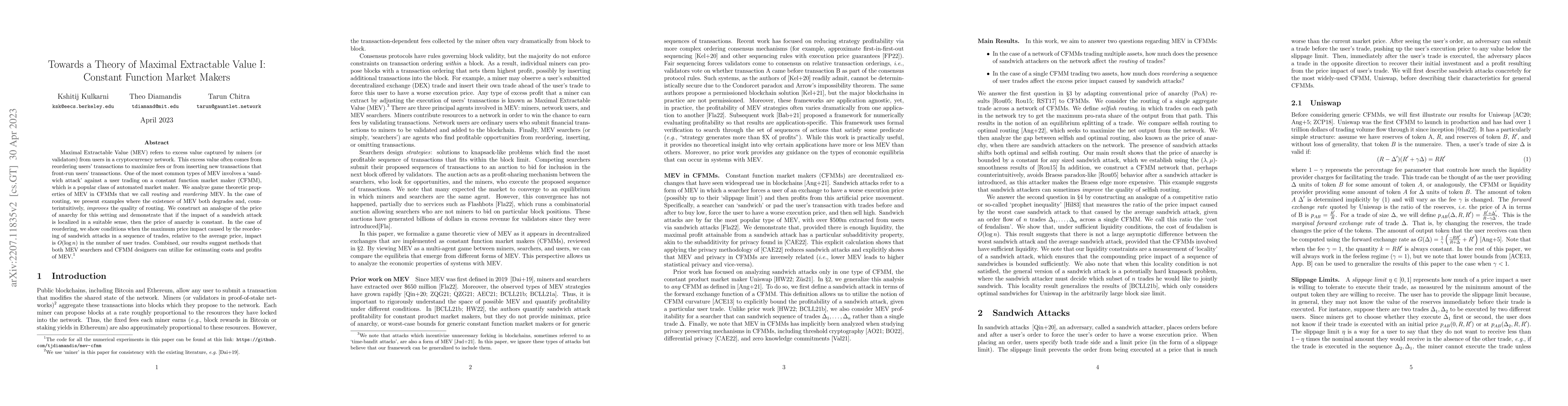 Thumbnail for Towards a Theory of Maximal Extractable Value I: Constant Function
  Market Makers