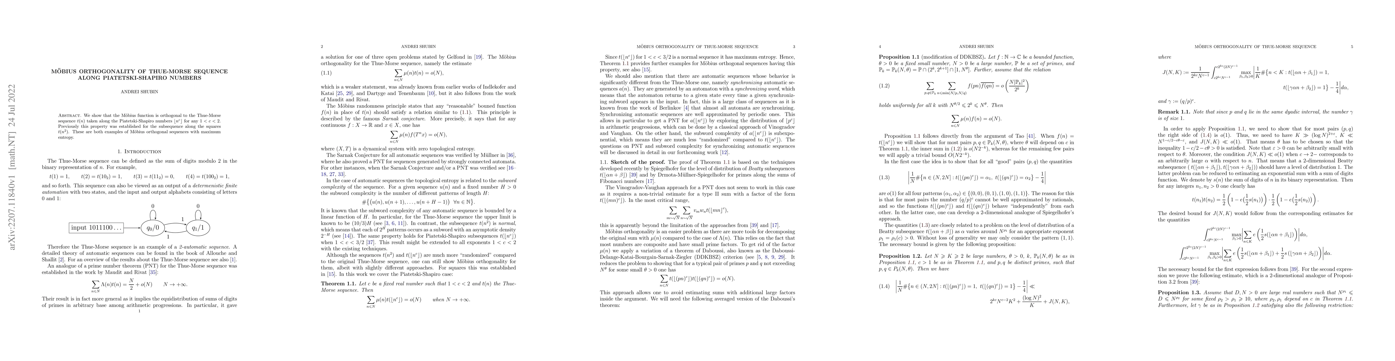 Thumbnail for M\"{o}bius orthogonality of Thue-Morse sequence along Piatetski-Shapiro
  numbers