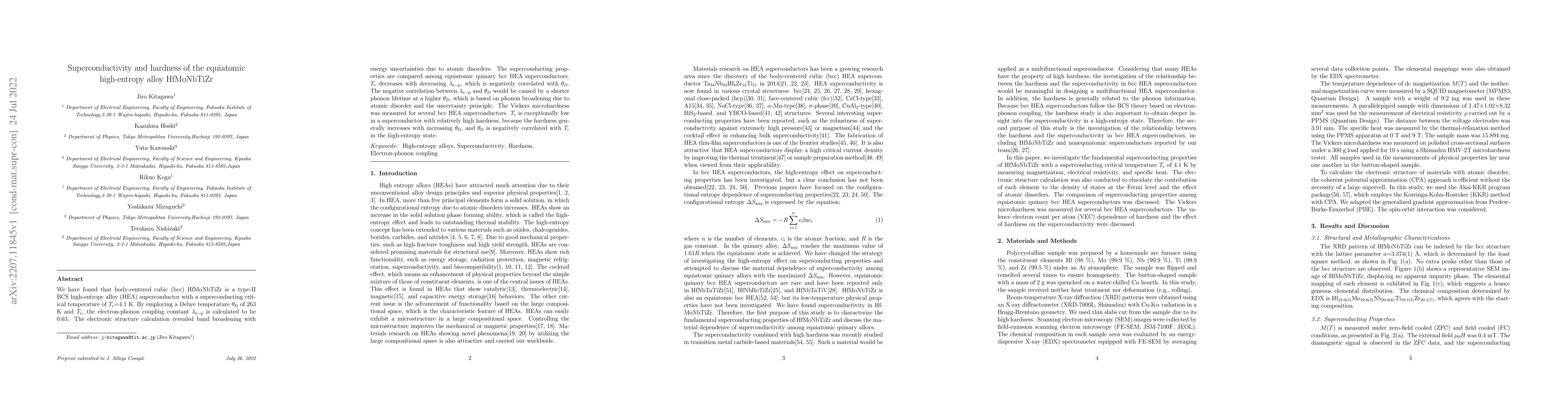 Thumbnail for Superconductivity and hardness of the equiatomic high-entropy alloy
  HfMoNbTiZr