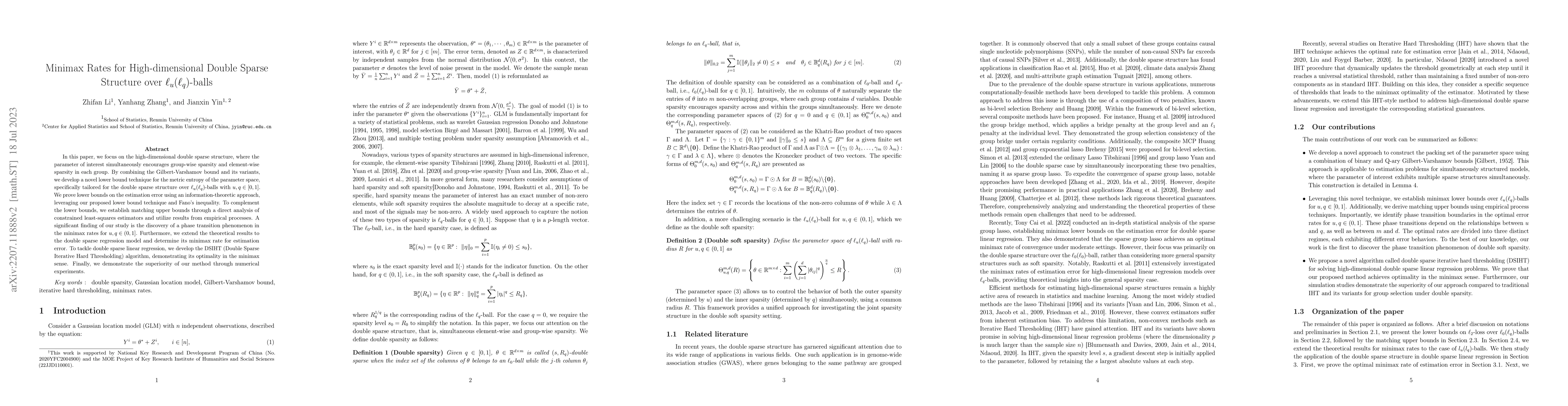 Thumbnail for Minimax Rates for High-dimensional Double Sparse Structure over
  $\ell_u(\ell_q)$-balls