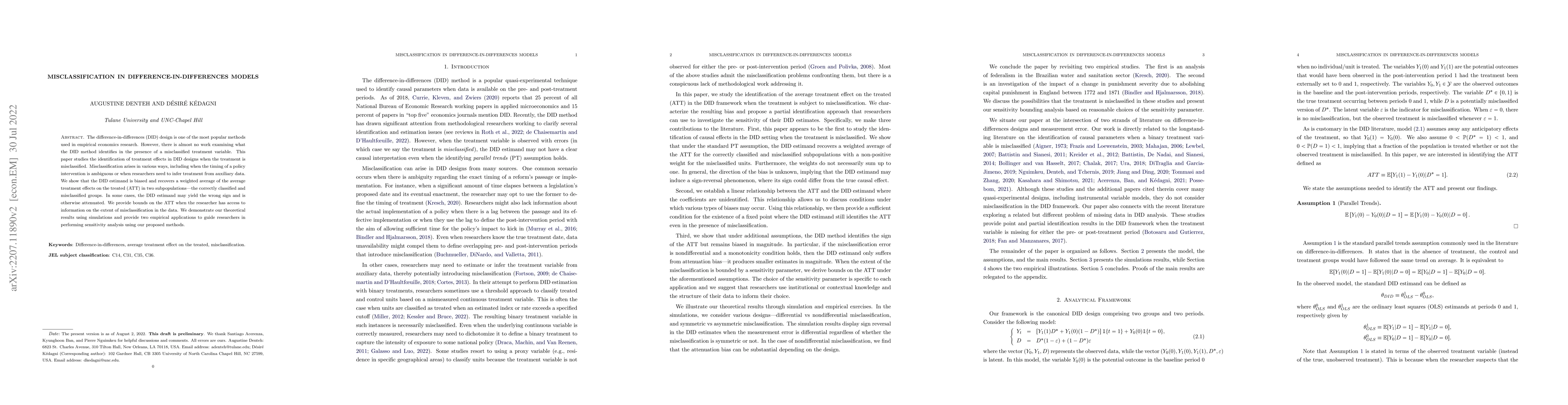 Thumbnail for Misclassification in Difference-in-differences Models
