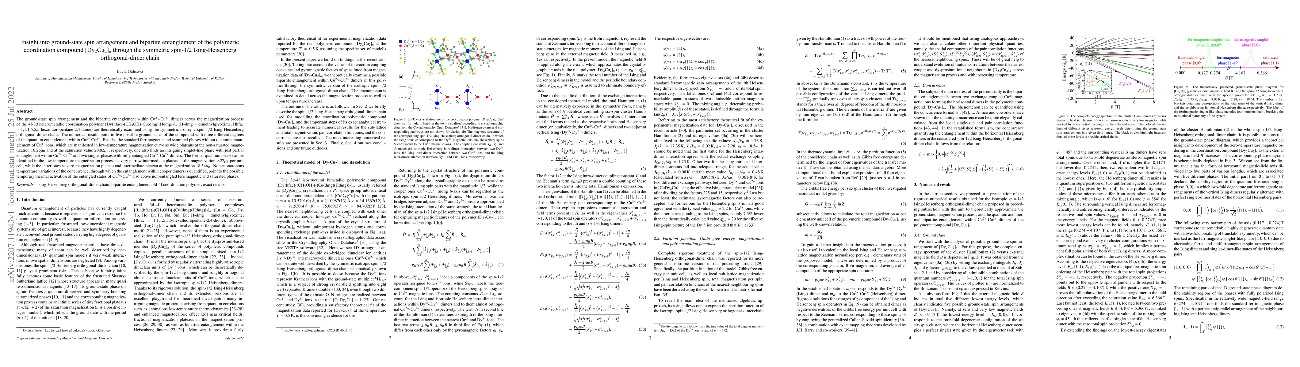 Thumbnail for Insight into ground-state spin arrangement and bipartite entanglement of
  the polymeric coordination compound [Dy$_2$Cu$_2$]$_n$ through the symmetric
  spin-1/2 Ising-Heisenberg orthogonal-dimer chain
