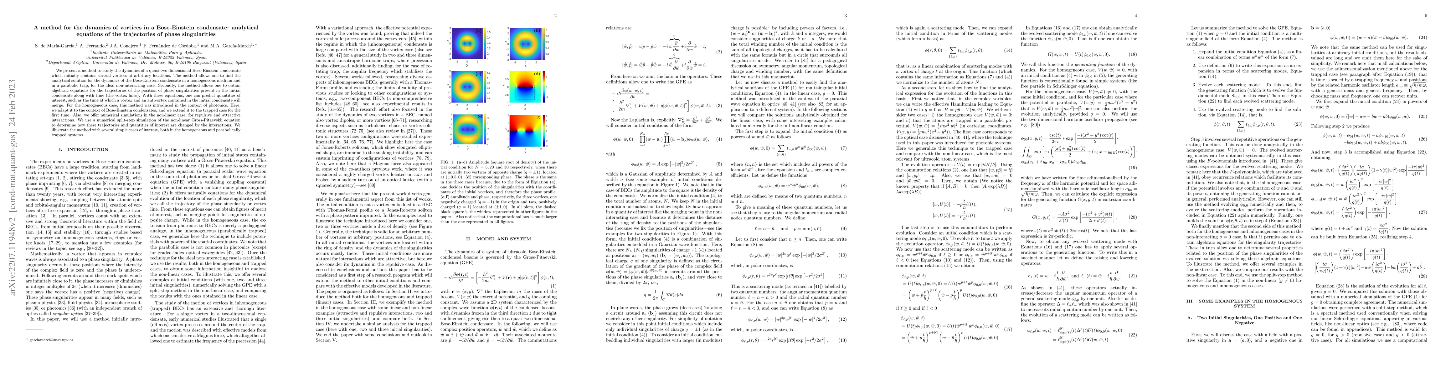 Thumbnail for A method for the dynamics of vortices in a Bose-Einstein condensate:
  analytical equations of the trajectories of phase singularities