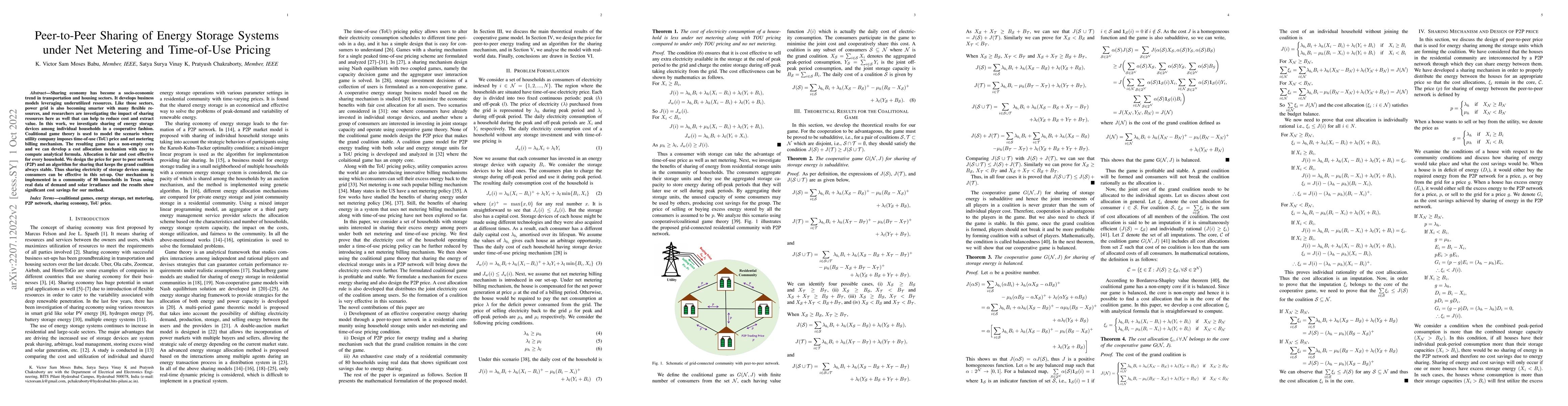 Thumbnail for Peer-to-Peer Sharing of Energy Storage Systems under Net Metering and
  Time-of-Use Pricing