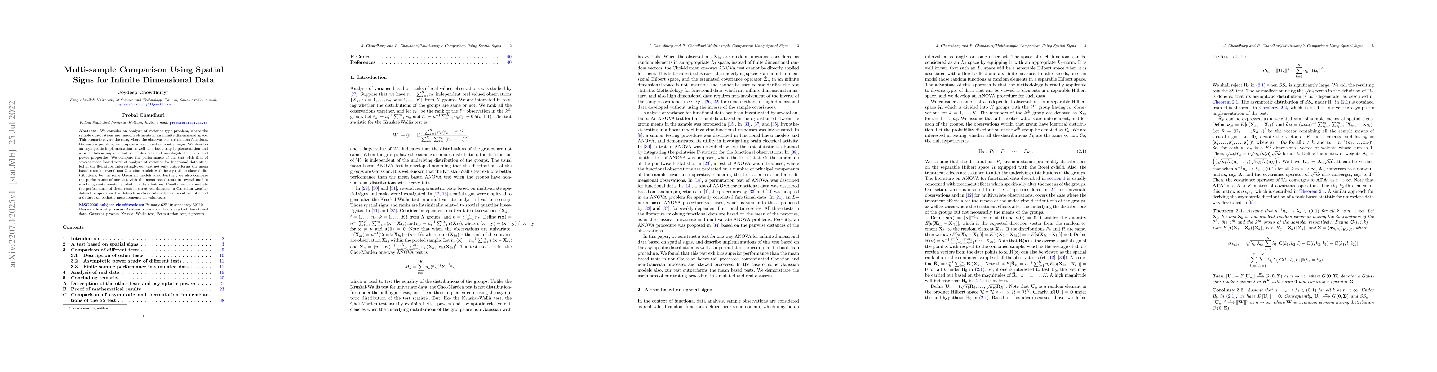 Thumbnail for Multi-sample Comparison Using Spatial Signs for Infinite Dimensional
  Data