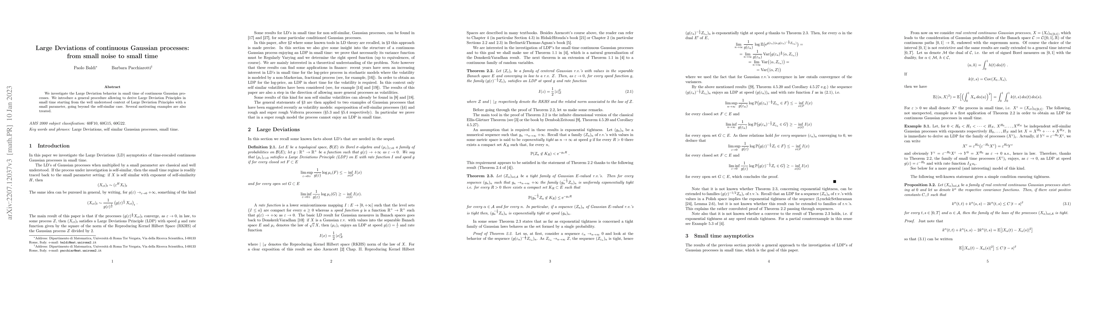 Thumbnail for Large Deviations of continuous Gaussian processes: from small noise to
  small time