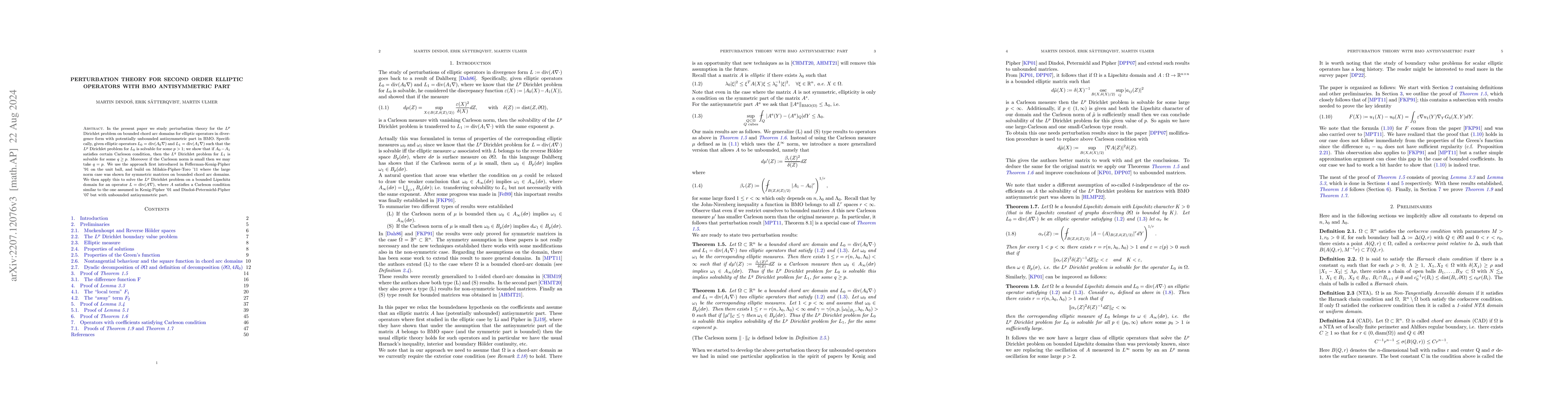 Thumbnail for Perturbation Theory for Second Order Elliptic Operators with BMO
  Antisymmetric Part