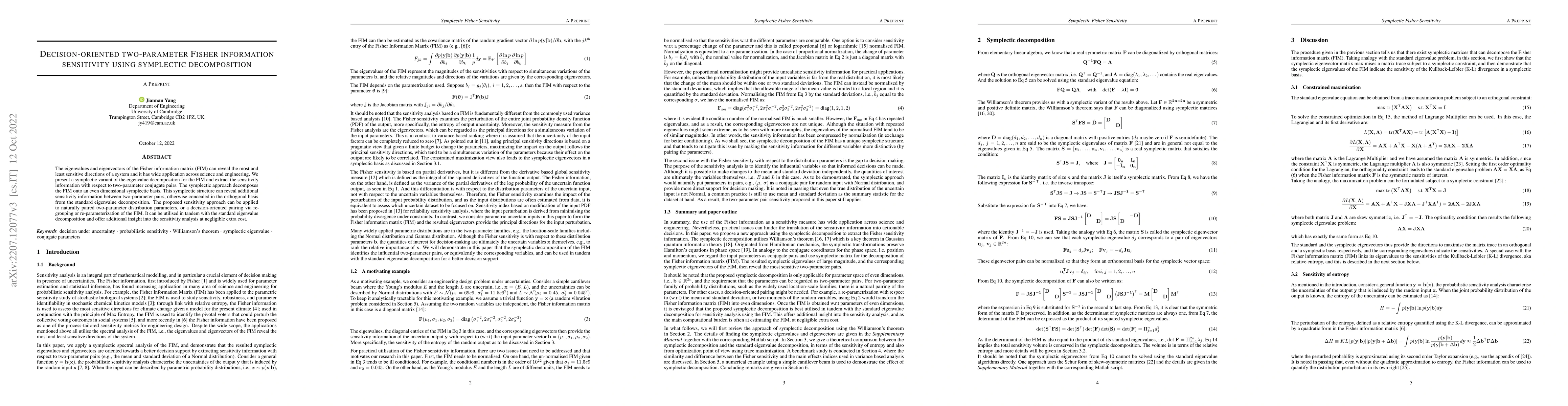 Thumbnail for Decision-oriented two-parameter Fisher information sensitivity using
  symplectic decomposition