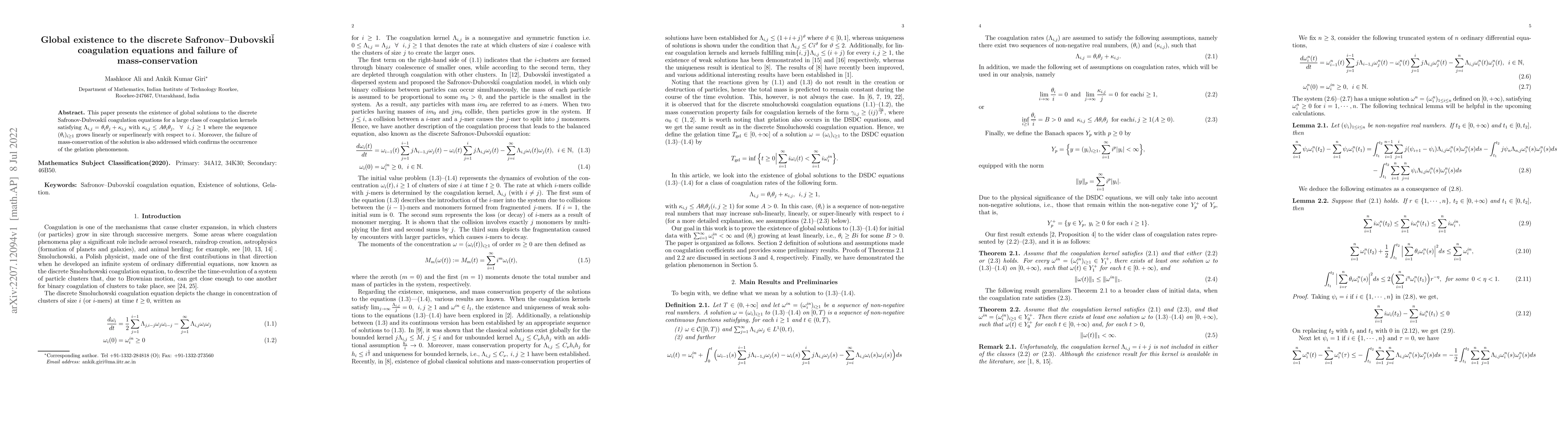 Thumbnail for Global existence to the discrete Safronov-Dubovski\v{i} coagulation
  equations and failure of mass-conservation