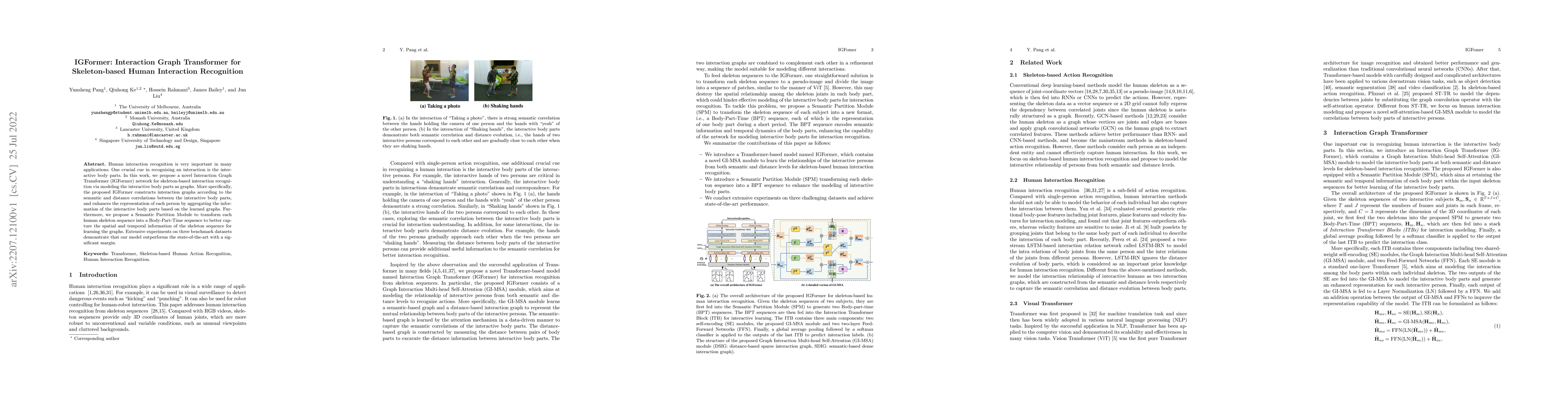 Thumbnail for IGFormer: Interaction Graph Transformer for Skeleton-based Human
  Interaction Recognition