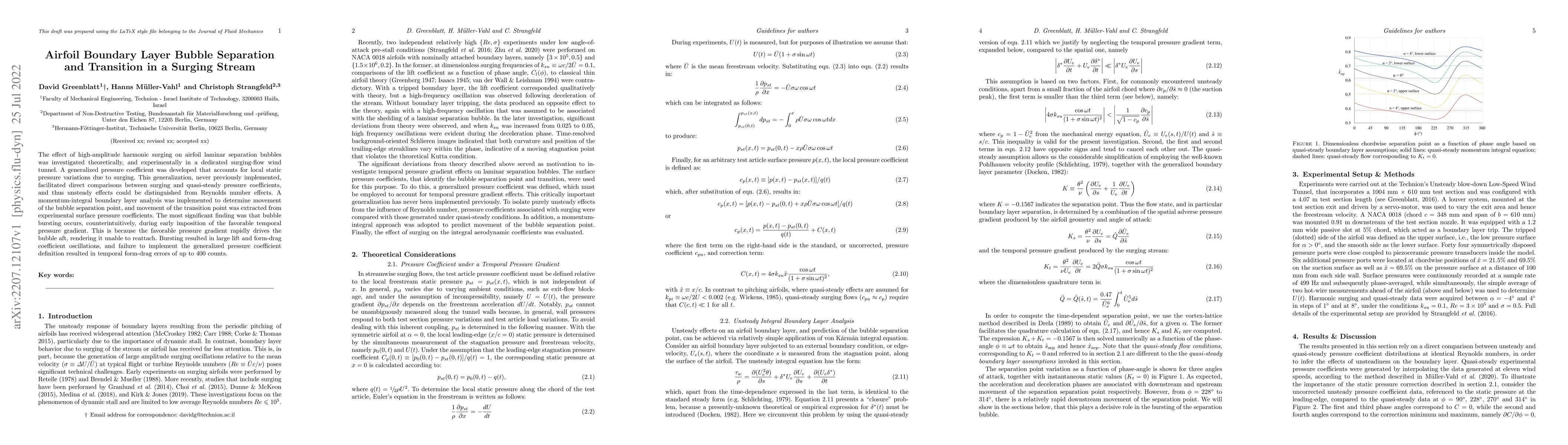 Thumbnail for Airfoil Boundary Layer Bubble Separation and Transition in a Surging
  Stream