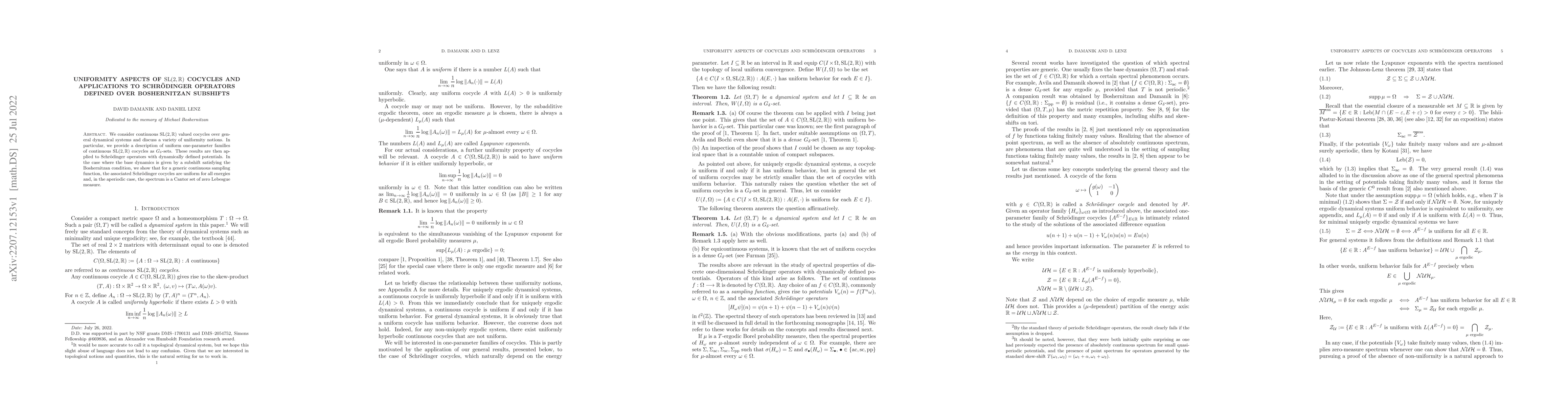 Thumbnail for Uniformity Aspects of $\mathrm{SL}(2,\mathbb{R})$ Cocycles and
  Applications to Schr\"odinger Operators Defined Over Boshernitzan Subshifts