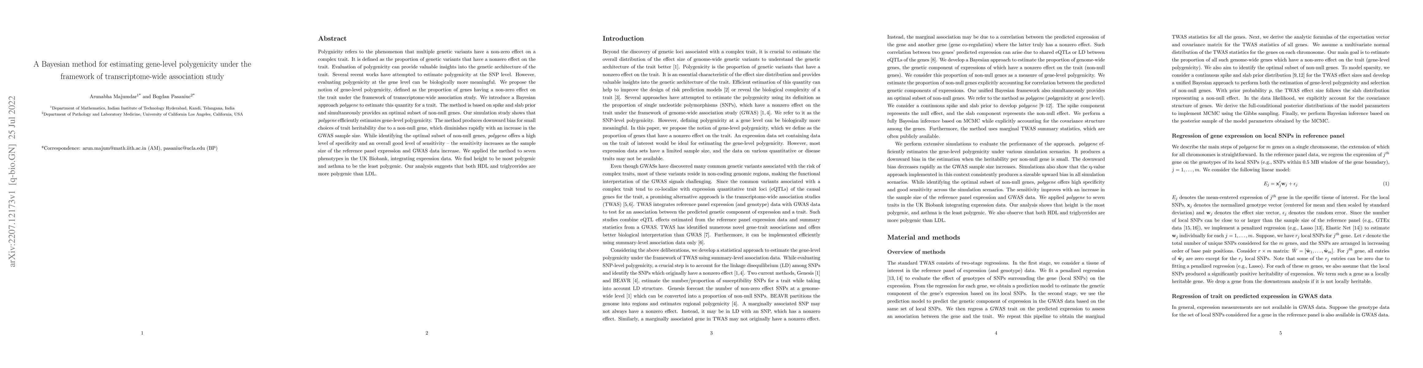 Thumbnail for A Bayesian method for estimating gene-level polygenicity under the
  framework of transcriptome-wide association study