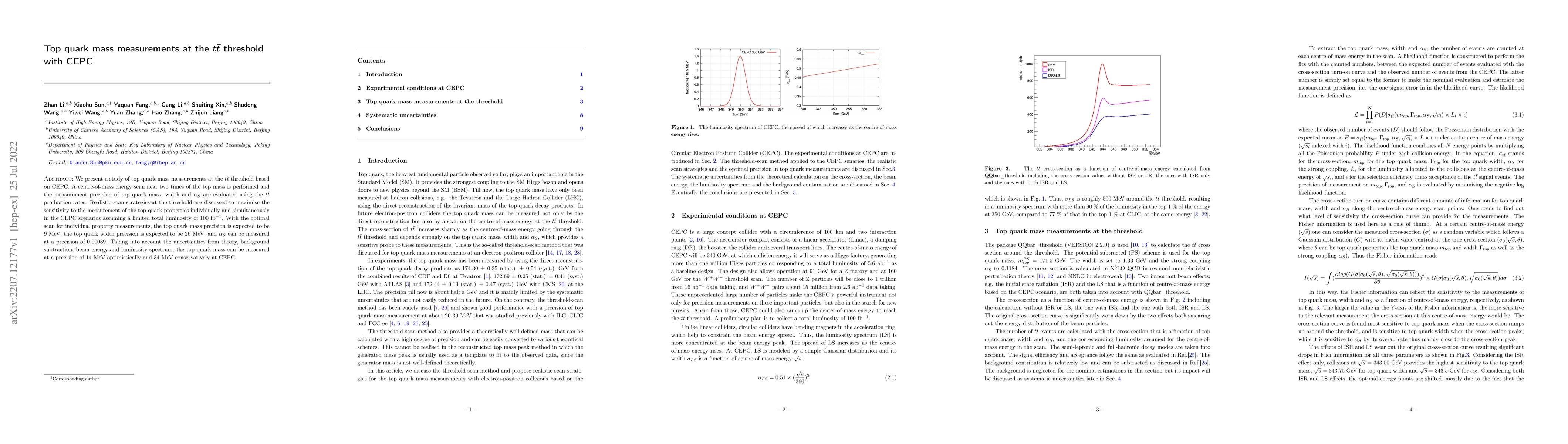 Thumbnail for Top quark mass measurements at the $t\bar{t}$ threshold with CEPC