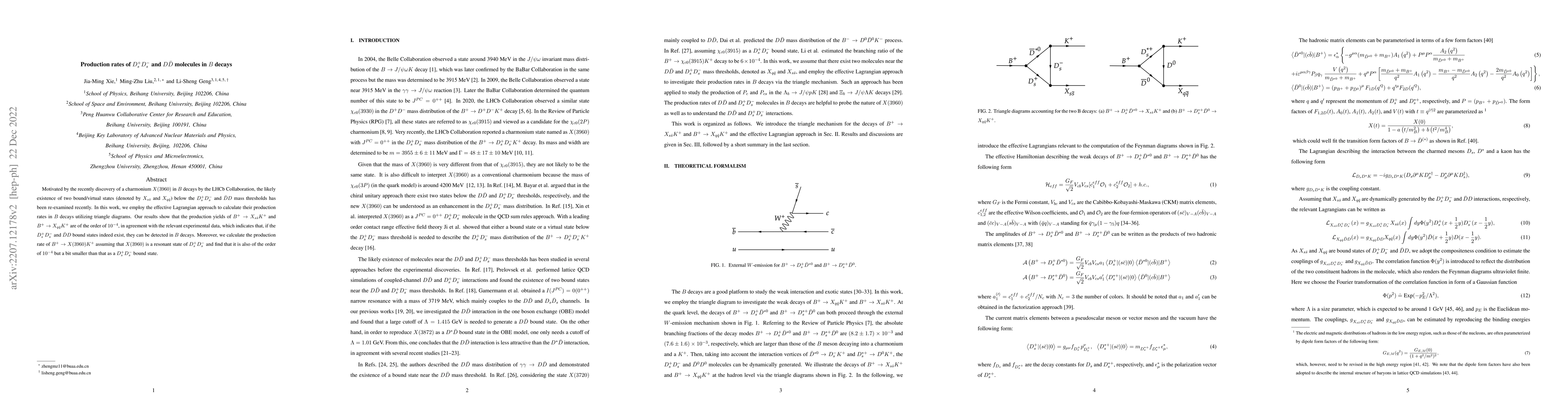 Thumbnail for Production rates of $D_{s}^{+}D_{s}^{-}$ and $D\bar{D}$ molecules in $B$
  decays