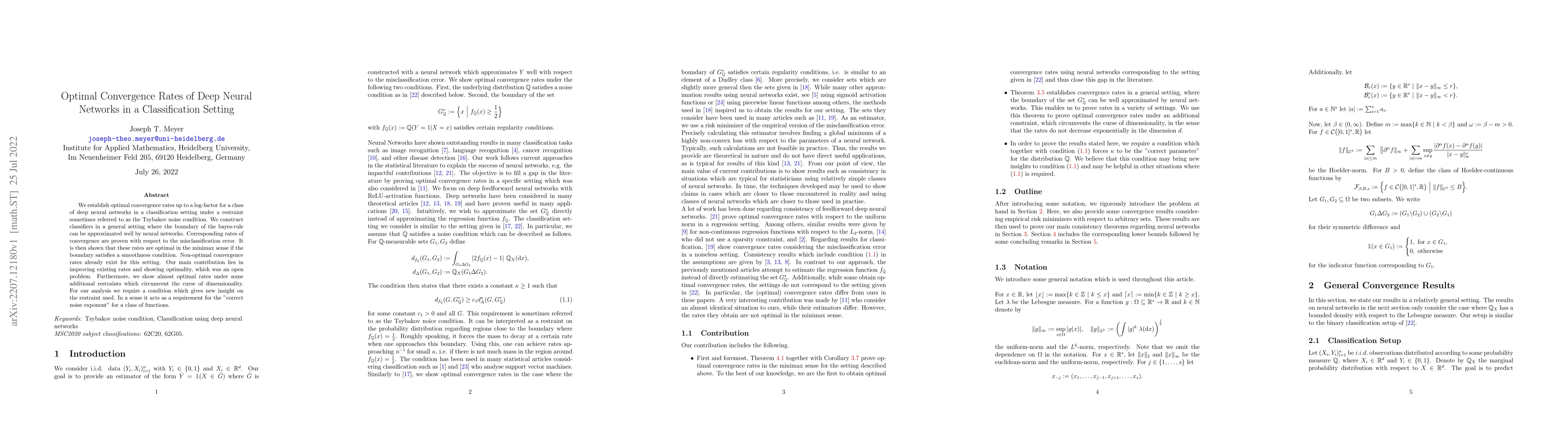 Thumbnail for Optimal Convergence Rates of Deep Neural Networks in a Classification
  Setting