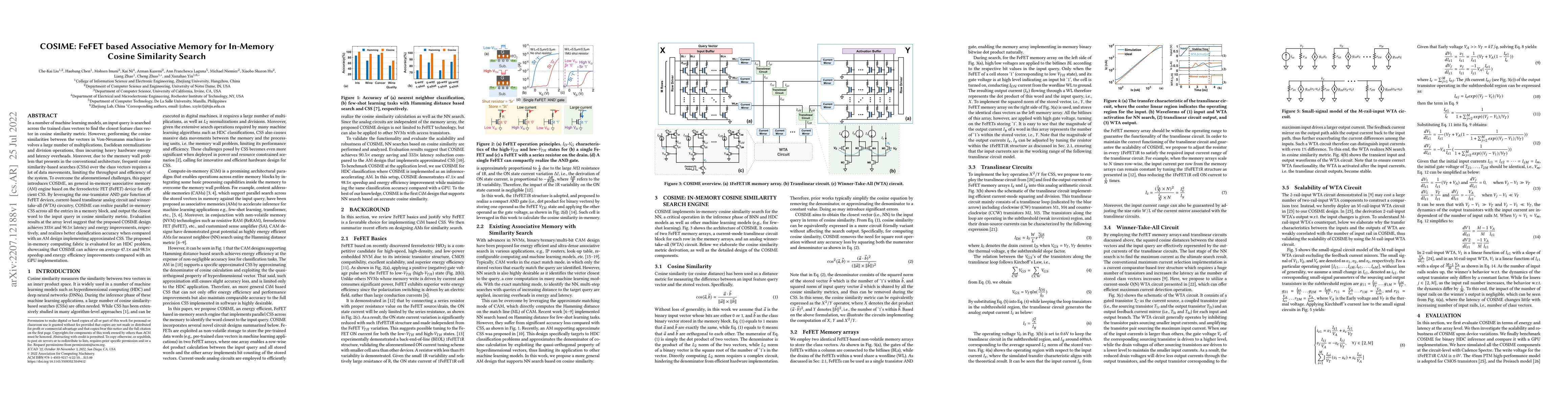 Thumbnail for COSIME: FeFET based Associative Memory for In-Memory Cosine Similarity
  Search