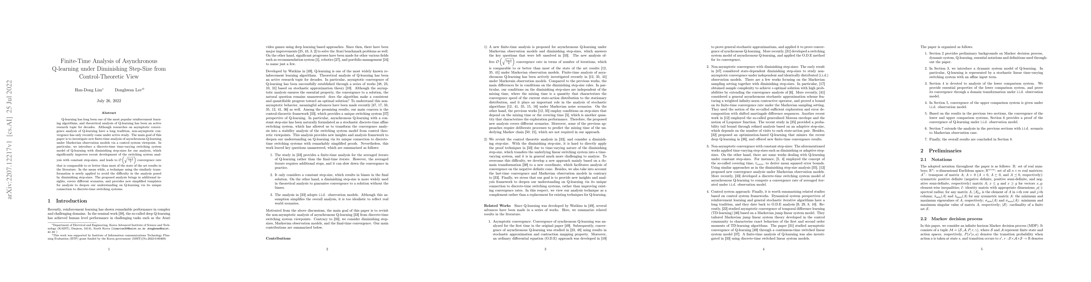 Thumbnail for Finite-Time Analysis of Asynchronous Q-learning under Diminishing
  Step-Size from Control-Theoretic View